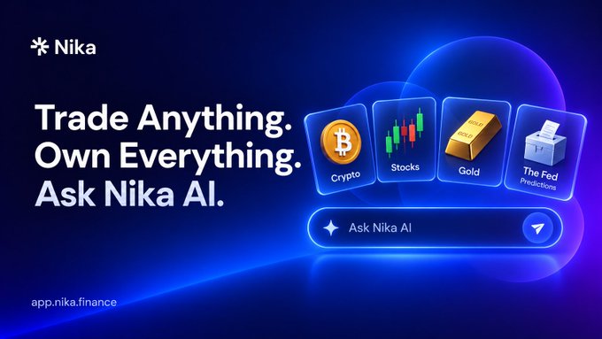 A promotional graphic for 'Nika' reading 'Trade Anything. Own Everything. Ask Nika AI.' featuring icons for Crypto, Stocks, Gold, and The Fed Predictions, with 'app.nika.finance' shown in the corner.