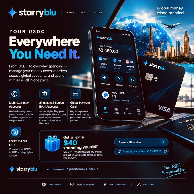A promotional graphic for Starryblu shows a smartphone displaying a USDC balance of $2,450.00, alongside a Visa card, global landmarks, and the headline “Your USDC. Everywhere You Need It.” It highlights multi-currency accounts, global payment cards, USDC-to-USD conversion, and a “$40 spending voucher” offer, illustrating how the service could simplify everyday purchases from a USDC balance.