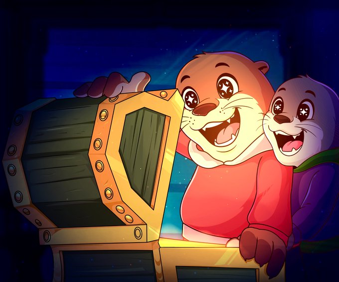 Two animated otters with sparkling eyes gaze in awe at an open treasure chest glowing with golden light against a starry night sky, symbolizing the excitement of discovering the 8,888-item NFT collection mentioned in the post. The "open chest" imagery reinforces the Robinhood listing celebration, while the otters' joyful expressions capture the gratitude for community trust and support expressed in the announcement.