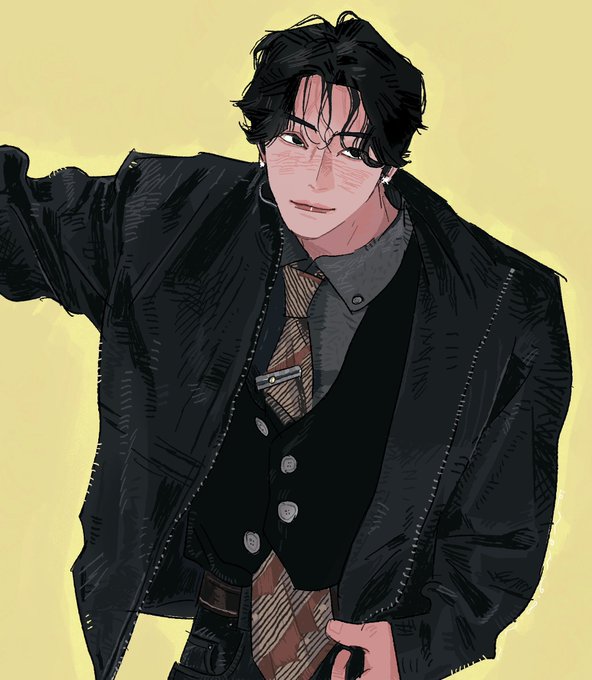 An illustrated black-haired young man in a dark suit and striped tie poses against a pale yellow background, fitting the accompanying hashtag **#XINLONG** as a character or creator reference.