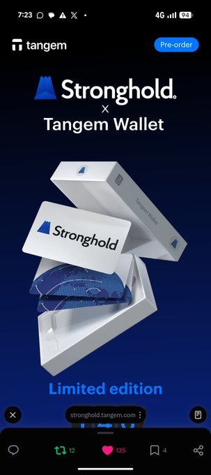 A mobile app screen advertising a "Stronghold x Tangem Wallet" limited edition collaboration, showing white credit card-style wallets being unboxed against a blue background.
