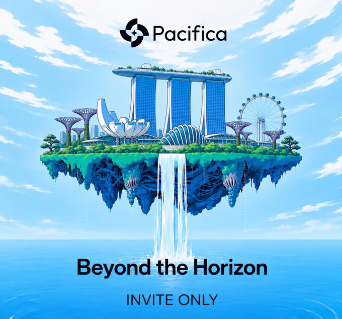A promotional graphic for "Pacifica" features the brand's logo at the top and showcases a floating island displaying Singapore's iconic skyline—including Marina Bay Sands, the ArtScience Museum, and the Singapore Flyer—with a waterfall cascading into the ocean below, capturing the tagline "Beyond the Horizon" and "INVITE ONLY" in the foreground to advertise their exclusive team-hosted meetup during Token2049.