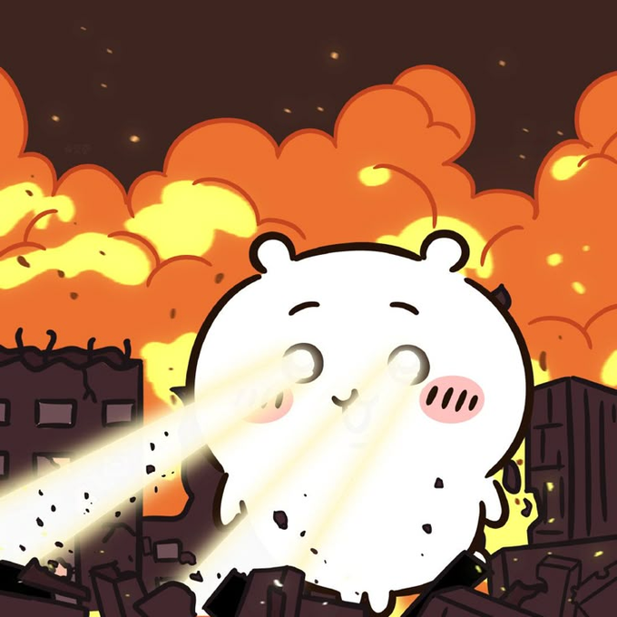 A cartoon white bear character with laser eyes shooting beams of light amidst a fiery, apocalyptic cityscape with orange clouds and ruined buildings.