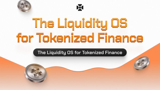 A promotional banner featuring orange and white text reading 'The Liquidity OS for Tokenized Finance' displayed alongside 3D silver tokens.