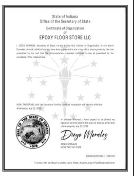 A State of Indiana Certificate of Organization document for 'EPOXY FLOOR STORE LLC', filed with a notary seal.