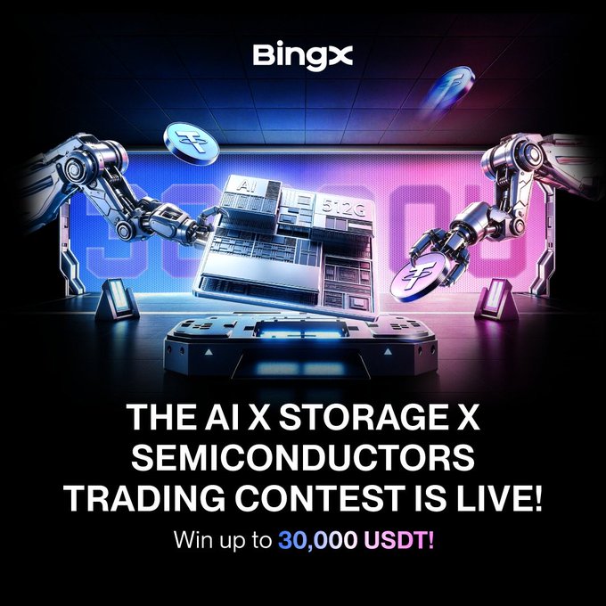 BingX advertisement for 'THE AI X STORAGE X SEMICONDUCTORS TRADING CONTEST IS LIVE!' offering 'Win up to 30,000 USDT!'
