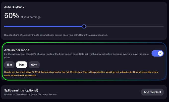 A cryptocurrency settings interface featuring an Auto Buyback option set at 50% and an Anti-sniper mode (highlighted in green) that holds the chart flat at the launch price for 30 minutes.