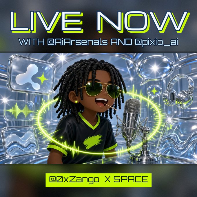 A promotional graphic for a live stream titled 'LIVE NOW WITH @RiArsenals AND @pixio_ai', featuring a cartoon character with dreadlocks and sunglasses next to a microphone, with '@0xZango X SPACE' at the bottom.