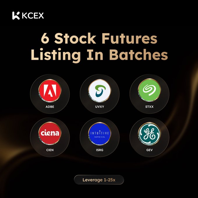 This post shows a list of six stocks listed for future generations. The images represent logos or symbols related to each stock, with colors associated to each one - red for Adobe, blue for UVY, green for STXX, gray for Cienna, black and white for ISRG, and silver for GEV. Each logo is placed in a circle that appears to be set against a solid black background, making the text and logos stand out prominently. The post also mentions the importance of expanding one's portfolio with up-to-25x leverage opportunities.