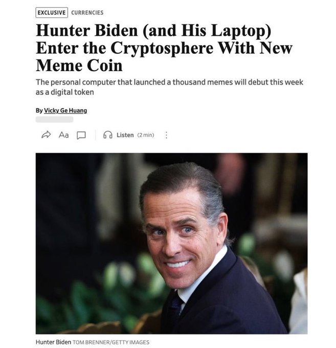 A news article headlined "Hunter Biden (and His Laptop) Enter the Cryptosphere With New Meme Coin" features a photo of Hunter Biden credited to Tom Brenner/Getty Images, accompanying the post about his newly announced $LAPTOP meme coin.