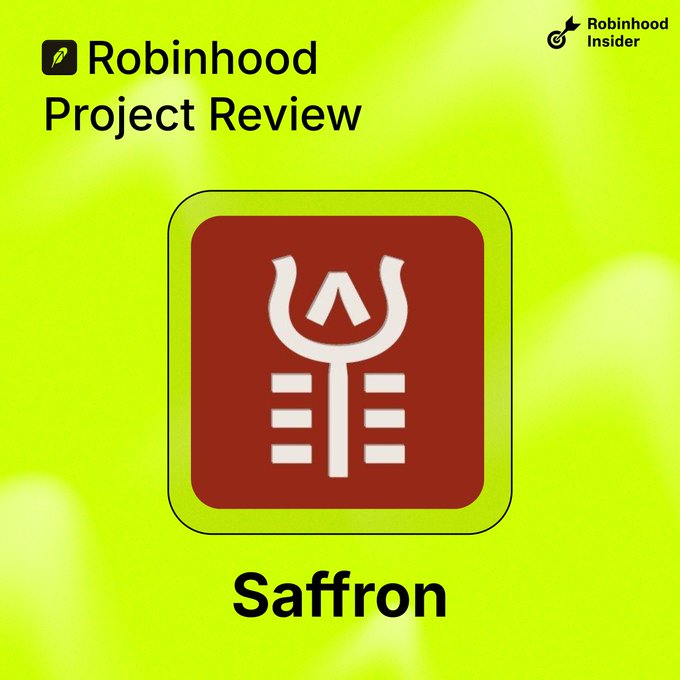 Promotional graphic with yellow background reading 'Robinhood Project Review' and 'Saffron' featuring the Saffron token logo, with a 'Robinhood Insider' watermark.