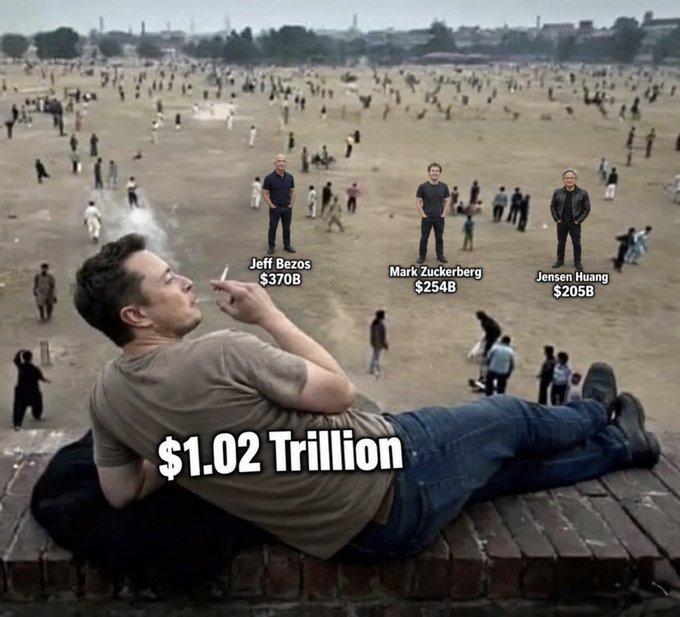 An image showing Elon Musk reclining with a cigarette, labeled "$1.02 Trillion," looking out over a crowd where figures representing Jeff Bezos ($370B), Mark Zuckerberg ($254B), and Jensen Huang ($205B) stand out.