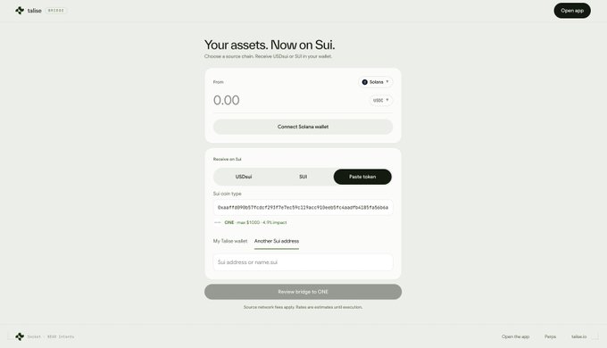 Screenshot of the 'talise' web app interface titled 'Your assets. Now on Sui,' showing options to receive USDC, SUI, or a Fantom token via Solana wallet with a generated deposit address.