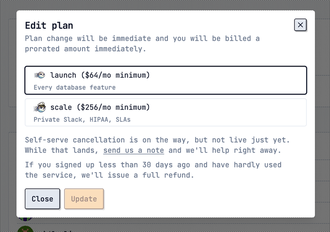 The image shows an edit plan screen with a list of features, including "scale (64m/no minimum)" and "Self-service cancellation is on the way, but not live yet." The text suggests that there might be a problem with the plan or that it needs to be edited.