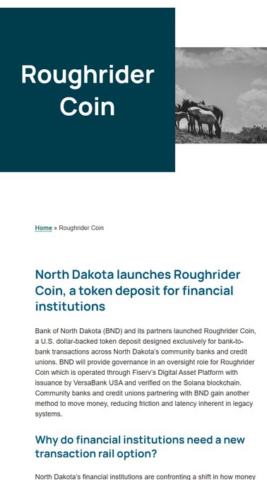 A webpage or article titled 'Roughrider Coin' discussing Bank of North Dakota launching a U.S. dollar-backed token deposit on the Solana blockchain designed exclusively for financial institutions.