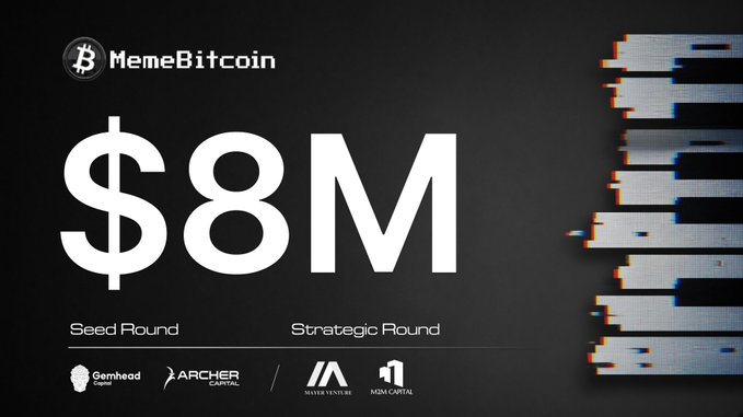 The image is a promotional graphic for MemeBitCoin, highlighting its successful $8M funding raised across Seed and Strategic rounds, with investors including Gemhead Capital, Archer Capital, Master Ventures, and K24 Capital. The "$8M" text is prominently displayed in large white font against a dark background, directly aligning with the post's announcement of the $8M funded airdrop project.