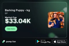 The image shows a Pump.fun profile card for "Barking Puppy - kg" ($BP), displaying a market cap of $33.04K and a "See more" button, with an illustration of a woman holding a Shar-Pei dog. It aligns with the post by promoting the Barking Puppy token alongside mentions of contrarian crypto niche influencers @BarkingPuppy8 and @TheRoaringKitty.