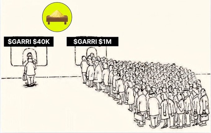 A black-and-white meme-style illustration depicting a crowd of people queued at one door labeled '$GARRI $1M' while a single woman stands at another door labeled '$GARRI $40K', with a bed emoji at the top.