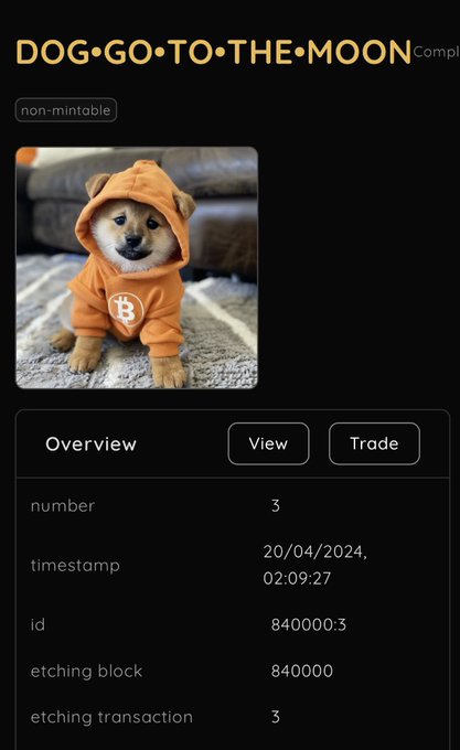 A digital collectible card titled "DOG•GO•TO•THE•MOON" marked as non-mintable, featuring a Shiba Inu puppy in an orange Bitcoin-themed hoodie, with metadata showing it was etched in block 840000 on 20/04/2024 at 02:09:27 (id 840000:3), aligning with the Bitcoin halving block and Runes protocol launch referenced in the post.