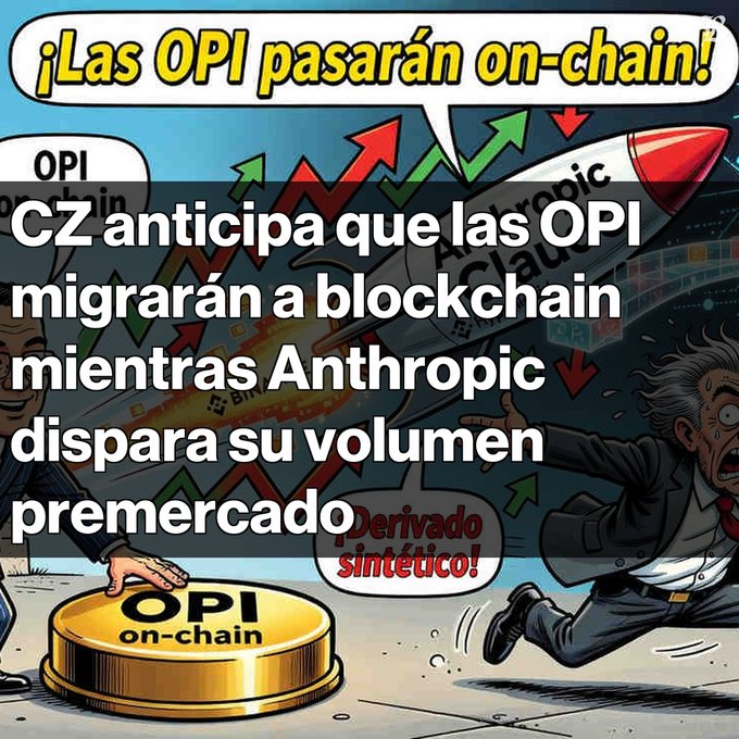 A Spanish-language meme cartoon depicting a rocket with stock charts, a gold coin labeled 'OPI on-chain', and text reading '¡Las OPI pasarán on-chain!' and 'CZ anticipa que las OPI migrarán a blockchain mientras Anthropic dispara su volumen premercado'.