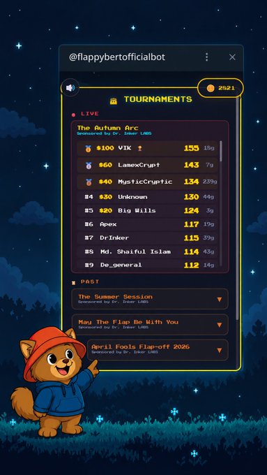 A Telegram bot interface (@flappybertofficialbot) displaying a live leaderboard for 'The Autumn Arc' tournament, ranking players like Imar Luna, LamexCrypt, and MysticCrypt by score, with a cartoon dog mascot below.