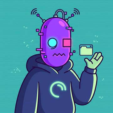 The image features a cartoon character with a blue hoodie, a large purple robot helmet with antennas sticking out of it, and an open green computer monitor. The character's hand is extended upwards towards their face. On the right side of the image, there is text that reads "Here today Mints. @veluminaART Mint page: opensea.io/collection/vel ... Price: Free Supply: 250 OnePlant Snails by @onchain_artists Mint page: opensea.io/collection/chi ... Price: 0.0023". The text is in a white font and positioned below the image, making it easy to read.