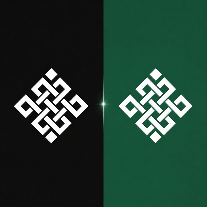 A symmetrical logo design featuring identical white geometric knot patterns on black (left) and green (right) backgrounds, separated by a central starburst.