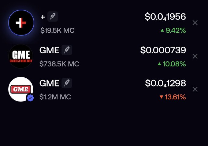 A cryptocurrency trading screen shows three tokens with prices of $0.0451956 (up 9.42%), $0.0000739 (up 10.08%), and $0.0451298 (down 13.61%), with two labeled 'GME'.