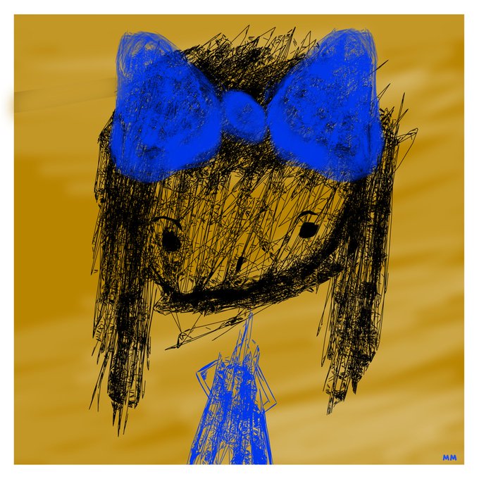 A digital sketch of a character with a large head, big blue bow, and long black hair set against a yellow background.