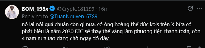 A Twitter reply from @Crypto181199 to @TuanNguyen_6789, in Vietnamese, states that no one can predict what KOLs on X will say in 2024, let alone 2030, about BTC replacing gold as a medium of exchange, and that it will take another 4 years before seeing that day. The post suggests a skeptical view on short-term predictions about Bitcoin replacing gold, contrasting with the accompanying post's strong belief in Bitcoin's long-term potential to reach $1 million.