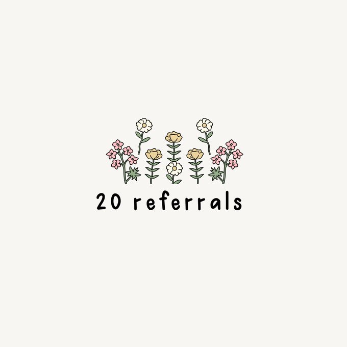 A simple decorative illustration of various colorful flowers (pink, yellow, white) with the text "20 referrals" written beneath them on a light beige background.
