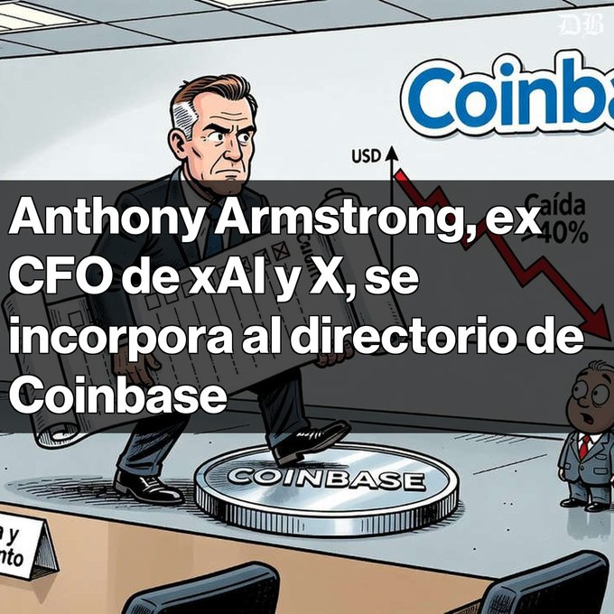A Spanish-language news graphic stating 'Anthony Armstrong, ex CFO de xAI y X, se incorpora al directorio de Coinbase', showing a cartoon of a man carrying a large rocket labeled 'COINBASE'.
