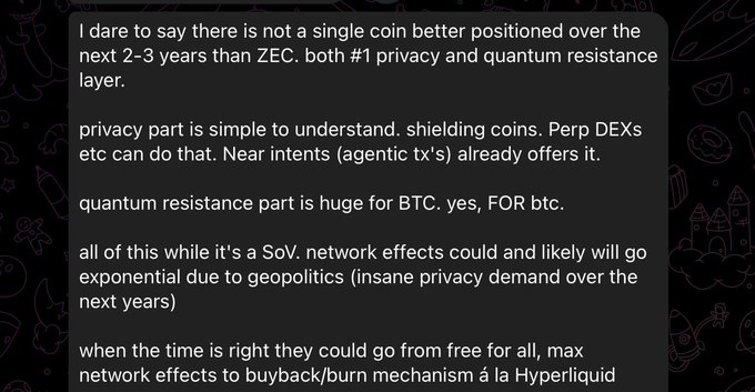 A screenshot of a post arguing that ZEC is uniquely well-positioned over the next 2-3 years due to its leading privacy features and quantum resistance for BTC, with potential to shift from free-for-all usage to a buyback/burn mechanism like Hyperliquid—supporting the claim that $5000 per ZEC is not a meme.