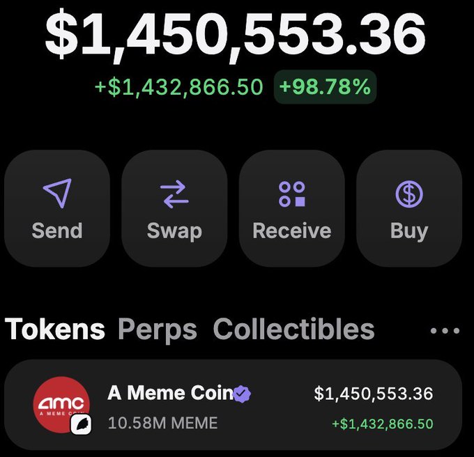 A crypto wallet app display showing a balance of $1,450,553.36 (+$1,432,866.50, +98.78%) for 'A Meme Coin' with 10.58M MEME tokens held.