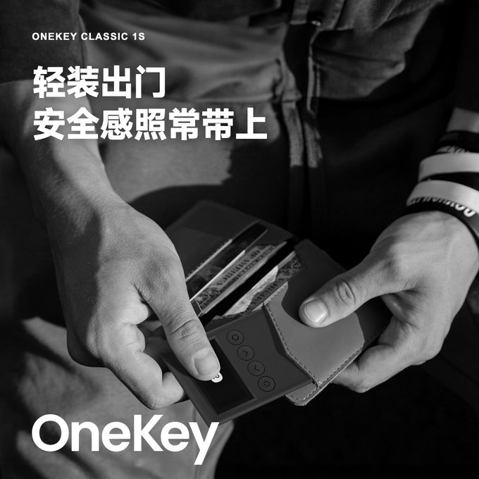 A black-and-white close-up shows hands removing a sleek "ONEKEY CLASSIC 1S" hardware wallet from a minimalist leather case, with cards visible inside. Chinese text reads "轻装出门 安全感照常带上" ("Travel light, carry your sense of security as usual"), reinforcing the post's message of effortless, reliable on-the-go security.