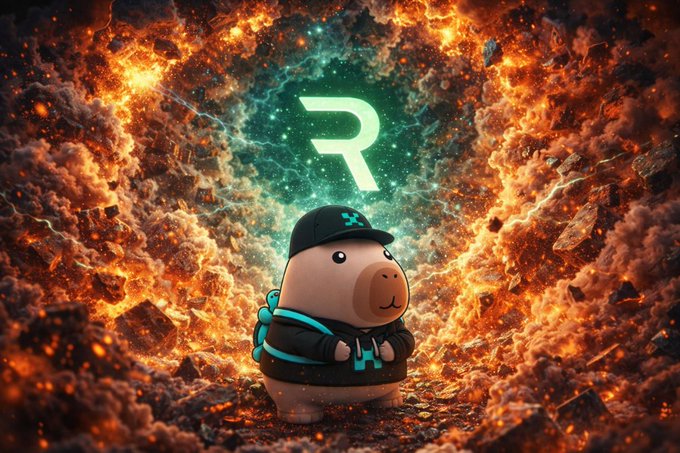A cute bear character wearing a cap and hoodie stands amidst a fiery explosion of debris, with a glowing "R" symbol floating above in a turquoise aura. The explosive imagery visually reinforces the post's message about the hidden risks and complexities behind derivatives trading, emphasizing the volatile aftermath of trades when counterparty risk and post-trade management come into play.