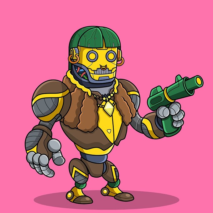 A cartoon robot character with a green helmet, yellow skull-like face, fur vest, and gold chain holds a futuristic green pistol against a pink background. The image serves as a PFP (profile picture) for the @0xCyberThrone ecosystem, visually representing its fusion of art, music, finance, and technology through a bold, stylized character design that embodies the project's identity.