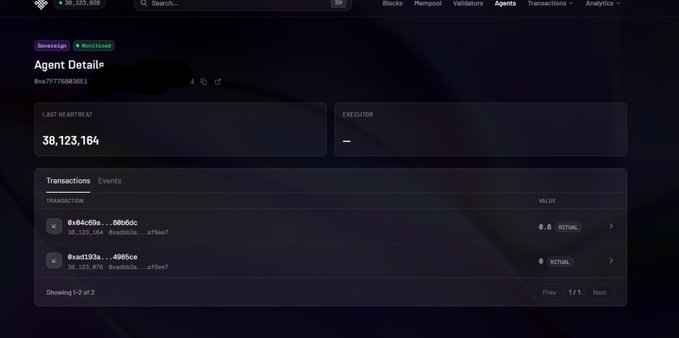 A screenshot of the Ritualnet dashboard displaying "Agent Details" for address 0xA7f7f80a3E01, showing a last heartbeat timestamp of 36,123,164 and two associated transactions of 0.8 value each, illustrating the successful on-chain deployment of a sovereign agent.