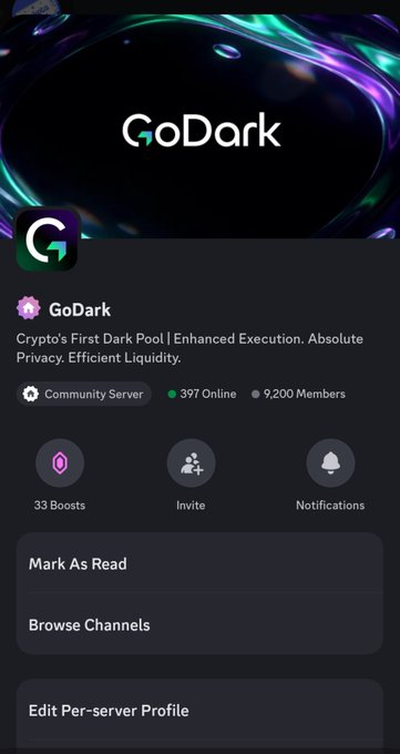 A Discord server interface displays the "GoDark" server, advertised as "Crypto's First Dark Pool | Enhanced Execution. Absolute Privacy. Efficient Liquidity," showing 397 online members and 9,200 total members.