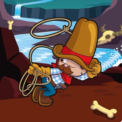 A cartoon cowboy character wearing a large brown hat, plaid shirt, and red bandana, holding a lasso rope near a waterfall and bones.