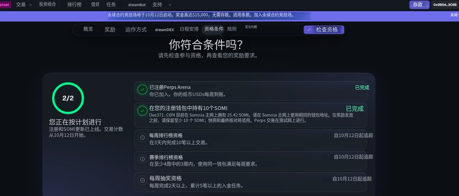 A dark-themed crypto platform interface in Chinese showing eligibility criteria for an airdrop, with 2/2 criteria completed: registering for Perps Arena and holding 10 $SOMI tokens in the funding wallet.