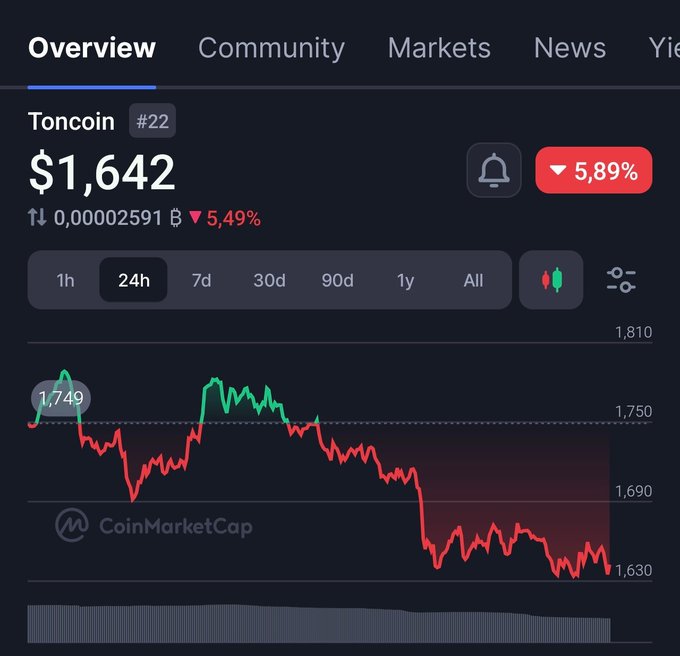 The image shows a graph of a cryptocurrency's value over time, with a downward trend. The caption below the graph reads "Just added $7,000 more into TON coin". This suggests that someone has recently invested money into the cryptocurrency, possibly in response to the decreasing value shown on the graph.