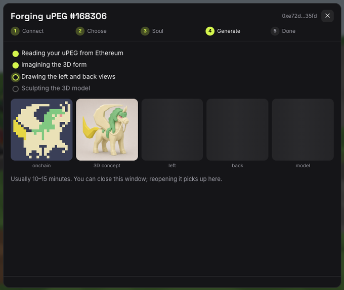 A dark UI window titled 'Forging uPEG #168306' shows a 5-step process currently on step 4 'Generate', with progress indicators for 'Reading your uPEG from Ethereum', 'Imagining the 3D form', and 'Drawing the left and back views' (active), and 'Sculpting the 3D model' (pending). It displays a pixelated onchain image of a creature and a 3D concept rendering of a yellow pony-like character, with empty slots for left, back, and model views.