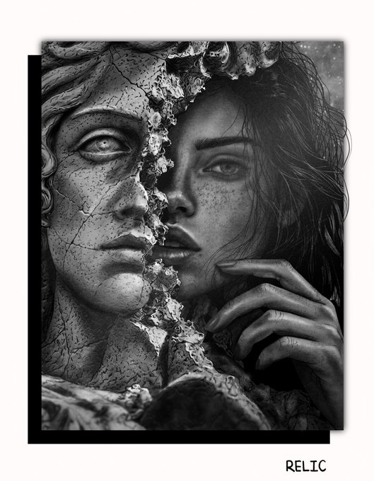A black-and-white surreal portrait labeled 'RELIC' depicts the merging of a cracked stone classical statue face on the left with a freckled young woman on the right.