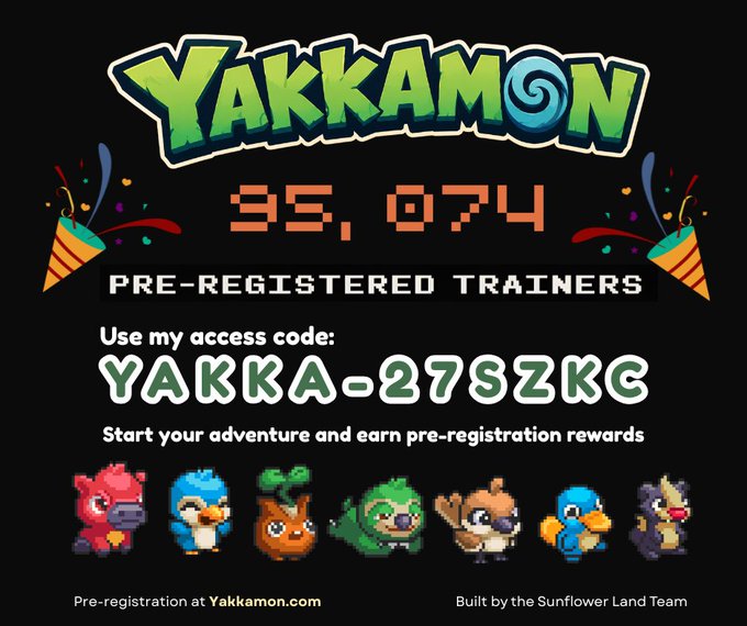 A promotional graphic for the game 'Yakkamon' displaying 35,074 pre-registered trainers, an access code 'YAKKA-27SZKG', and pixel art characters of various creatures.
