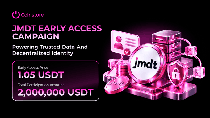 A promotional graphic for "JMDT EARLY ACCESS CAMPAIGN" on Coinstore, offering early access price of 1.05 USDT with a total participation amount of 2,000,000 USDT.