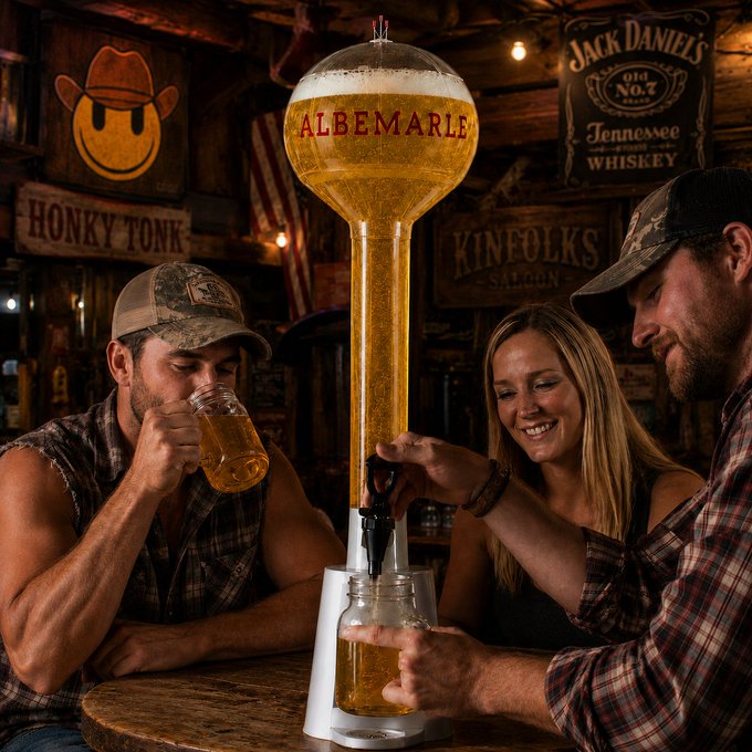 Three people gather around a wooden table at the Kinefolks Saloon, where a man operates a tall "ALBEMARLE" beer tower to pour a frothy beer into a mason jar while another man drinks from a mug, with "HONKY TONK" and "Jack Daniel's" signs decorating the rustic bar in the background.