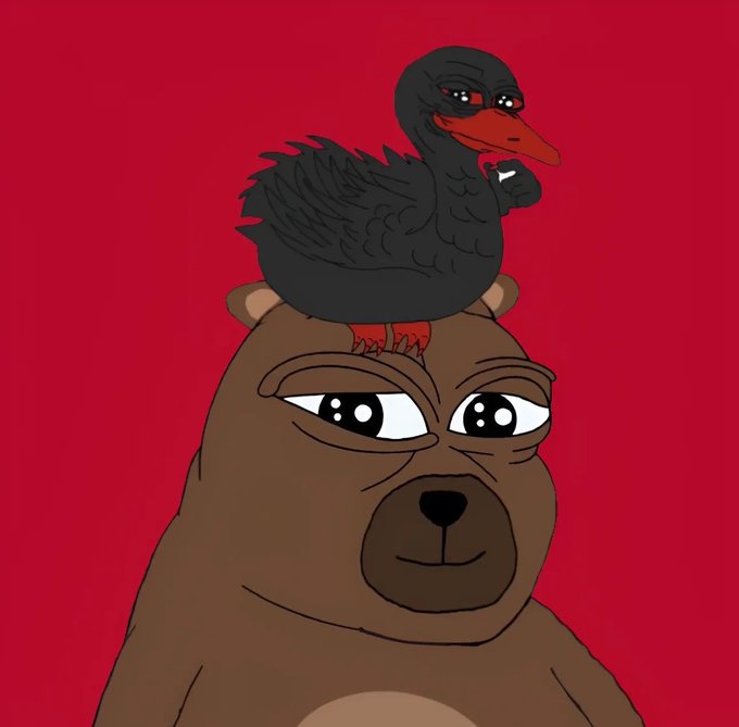 A cartoon illustration of a black crow or raven perched on top of a brown bear's head, set against a red background.