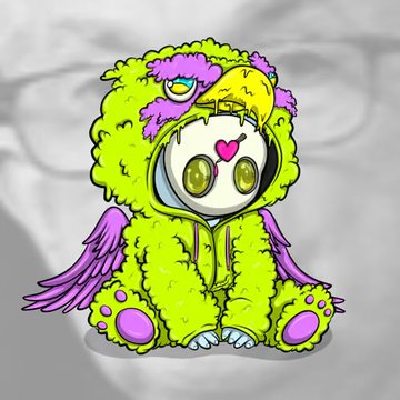 A colorful cartoon illustration of a small, fluffy green creature with purple wings and feet, wearing a hood with a duck-like bill, and featuring large yellow eyes and a pink heart on its forehead.
