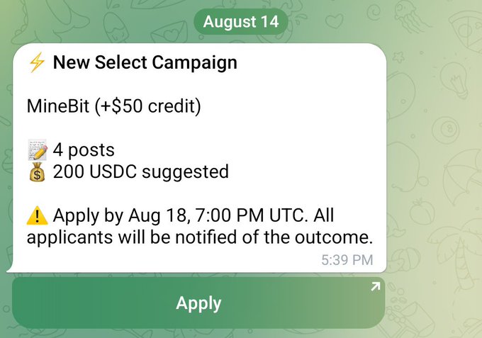 A mobile notification screenshot from August 14 announcing a 'New Select Campaign' for MineBit with a +$50 credit, suggesting 4 posts and 200 USDC, requiring application by August 18.